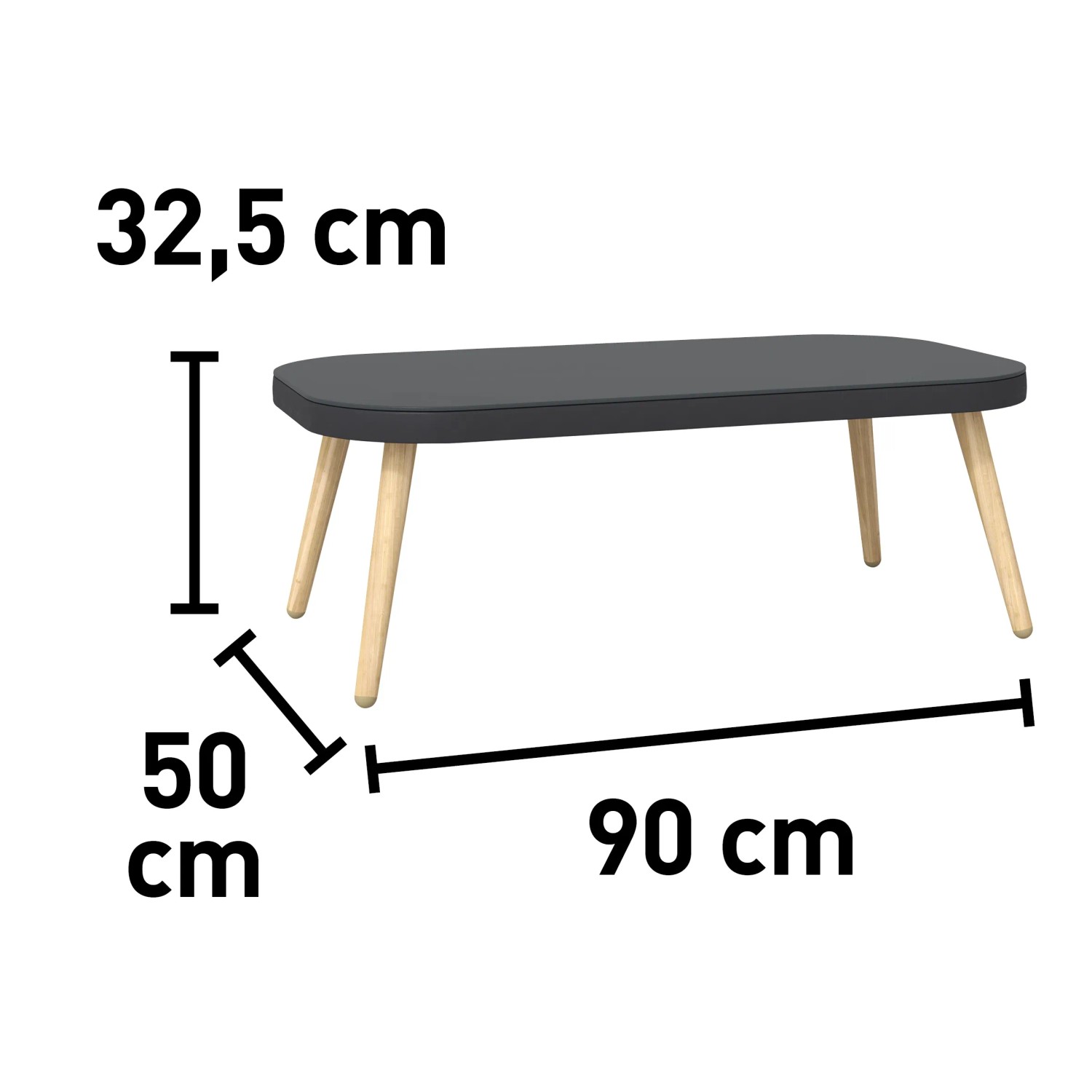 Detailansicht des Tisches vom Lounge-Set Edna: Anthrazitfarbene Platte, Holzfüße, Maßangaben.