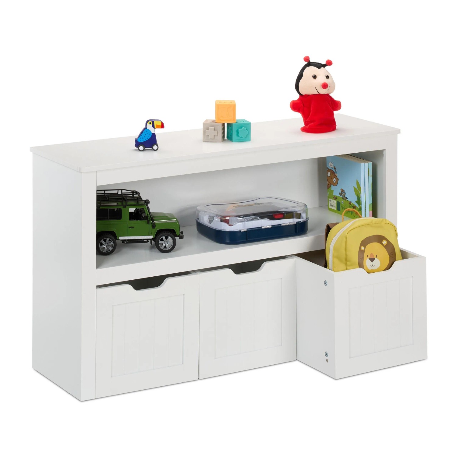 Relaxdays Kinderregal MDF Weiß mit 3 Boxen auf Rollen 60 cm x 102 cm x 30 cm 21,8 kg