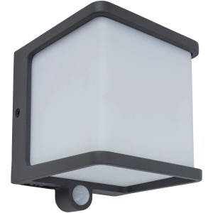 Anthrazitfarbene Lutec LED Solar Wandleuchte Doblo mit Bewegungsmelder.