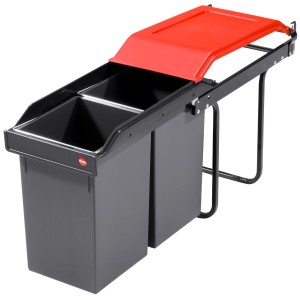 Hailo Einbau-Mülleimer Multi Box mit 2 grauen Eimern (je 14 l) und rotem Deckel.
