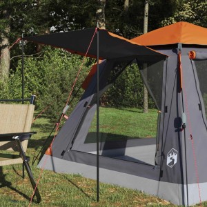 Grau-oranges vidaXL Sofort-Zelt für 3 Personen mit schwarzer Regenhaube, aufgebaut im Grünen. Ideal für Camping.
