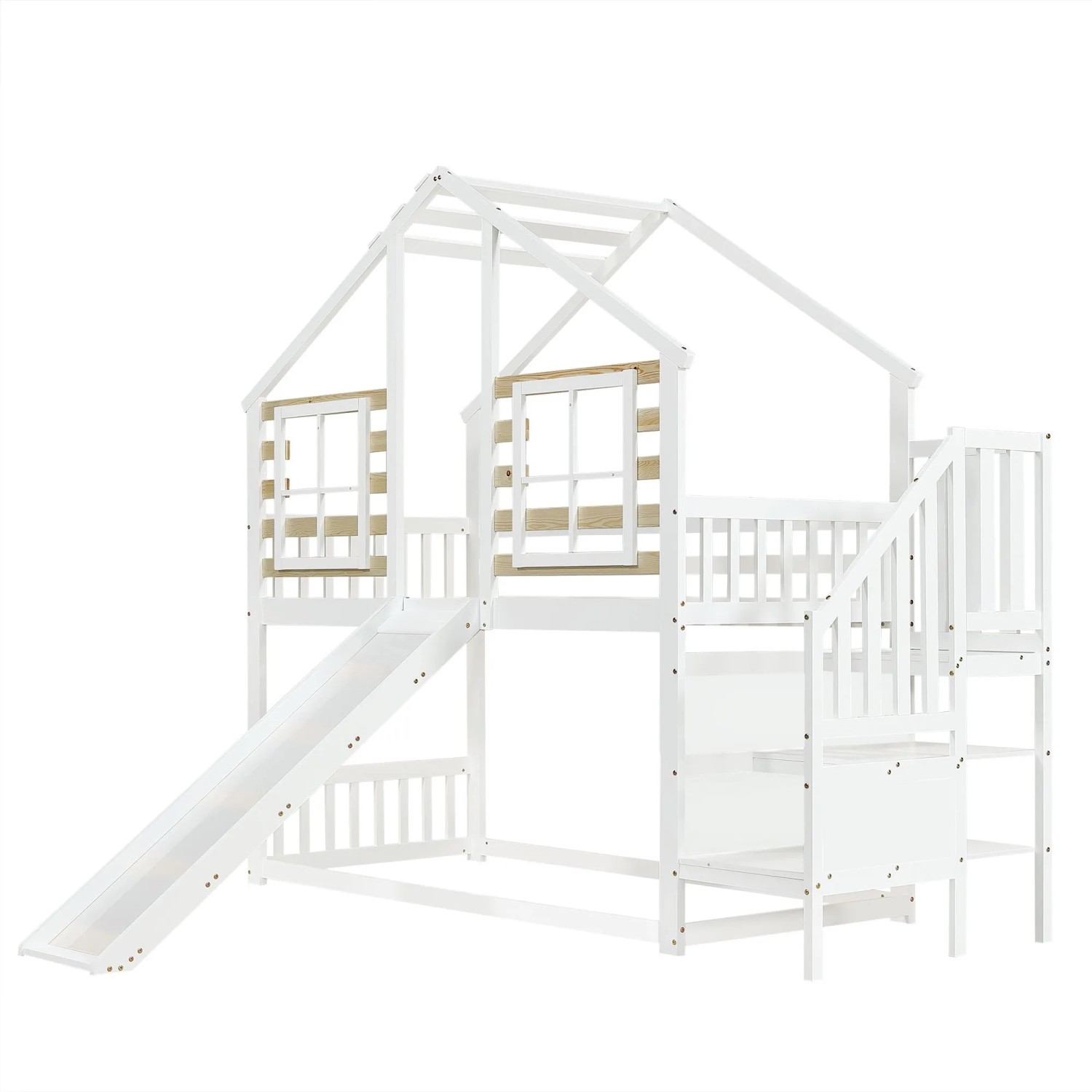 okwish Etagenbett 90x200cm mit Treppe Rutsche und Fenster Kinderzimmer Weiß ohne Matratze