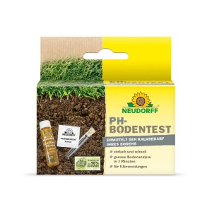 Neudorff pH-Bodentest Set: Fläschchen, Pulver, Röhrchen auf braun-gelber Verpackung. Für pH-Wert & Kalkbedarf.
