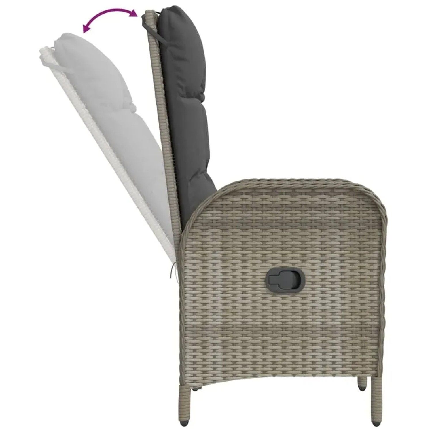 Verstellbarer Gartenstuhl aus grauem Rattan mit Kissen, Teil der vidaXL 7-tlg. Essgruppe.