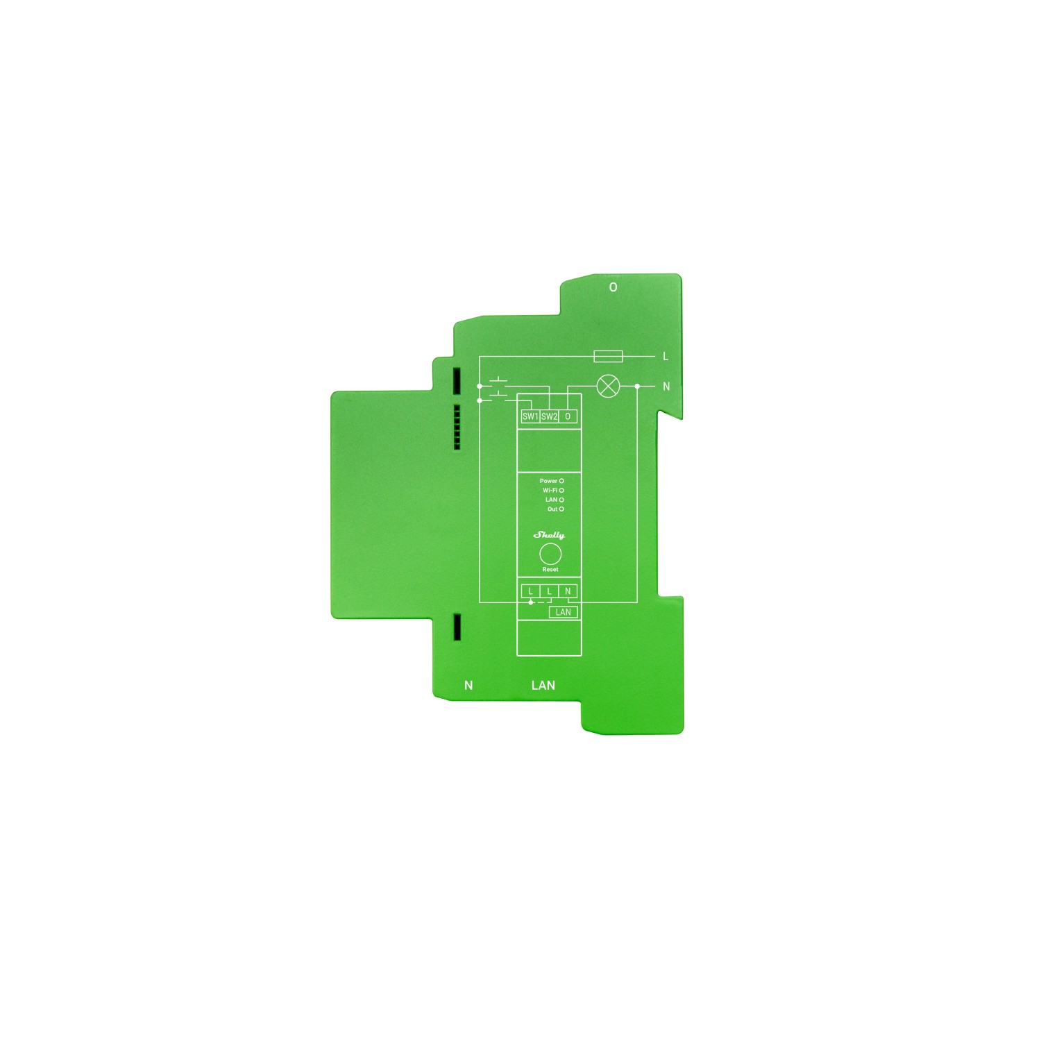 Grüner Shelly Einkanal-Dimmer Pro 1PM für die Hausautomation, Detailansicht.