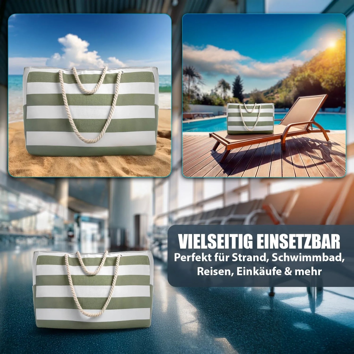 BigDean Strandtasche XXL große Badetasche mit Reißverschluss Schwimmbad Tasche Saunatasche Einkaufstasche Umhängetasche_8