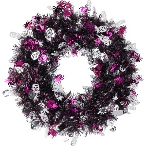 Glitzernder Halloween-Kranz (38 cm) in Lila/Silber mit Spinnen- und Totenkopf-Motiven.
