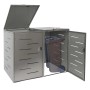 PROREGAL Mülltonnenbox XL für 2 Tonnen, Edelstahl, silberfarben, mit Lüftungsschlitzen. Deckel und Tür offen.
