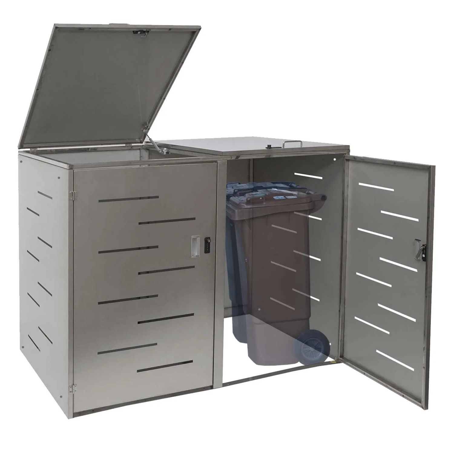 PROREGAL Mülltonnenbox XL für 2 Tonnen, Edelstahl, silberfarben, mit Lüftungsschlitzen. Deckel und Tür offen.
