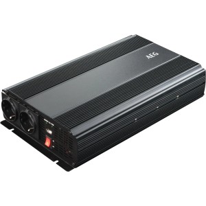 Schwarzer AEG Spannungswandler ST 1.500 W für Auto, Wohnwagen oder Boot mit 2 Steckdosen und USB-Anschluss.