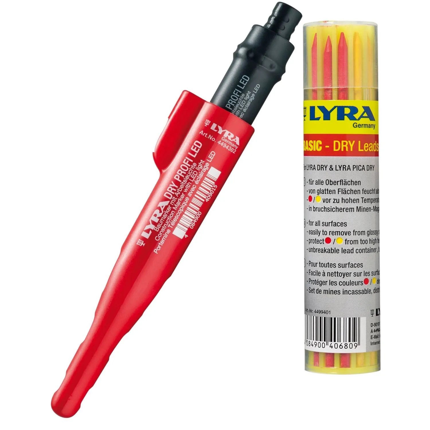vasalat Set Lyra Dry Profi Led Tieflochmarker Graphit Gelb Rot mit Ersatzminen