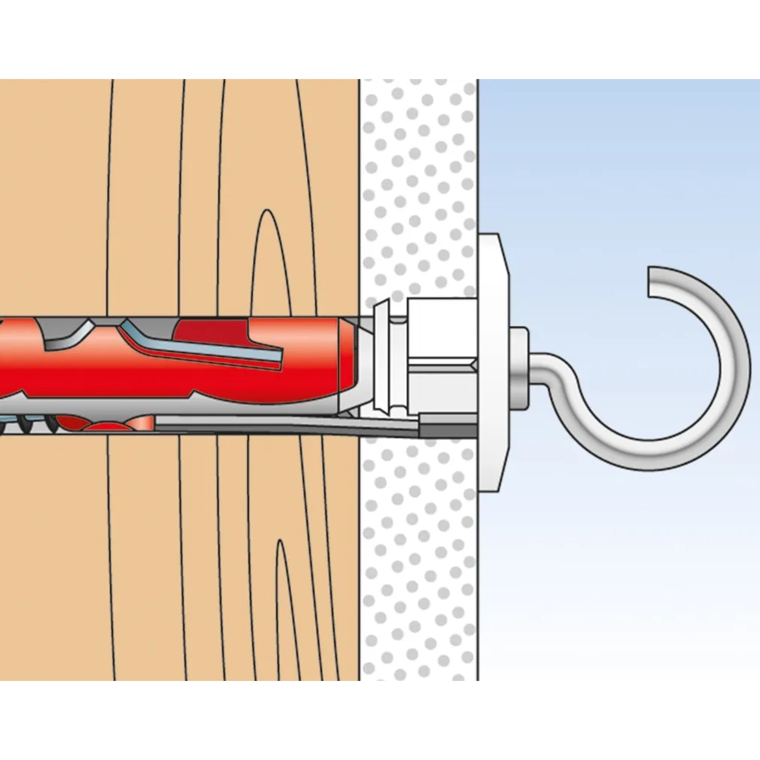 Illustration eines Fischer Duotec Kippdübel 12, rot/silber, in einer Wand mit Haken.