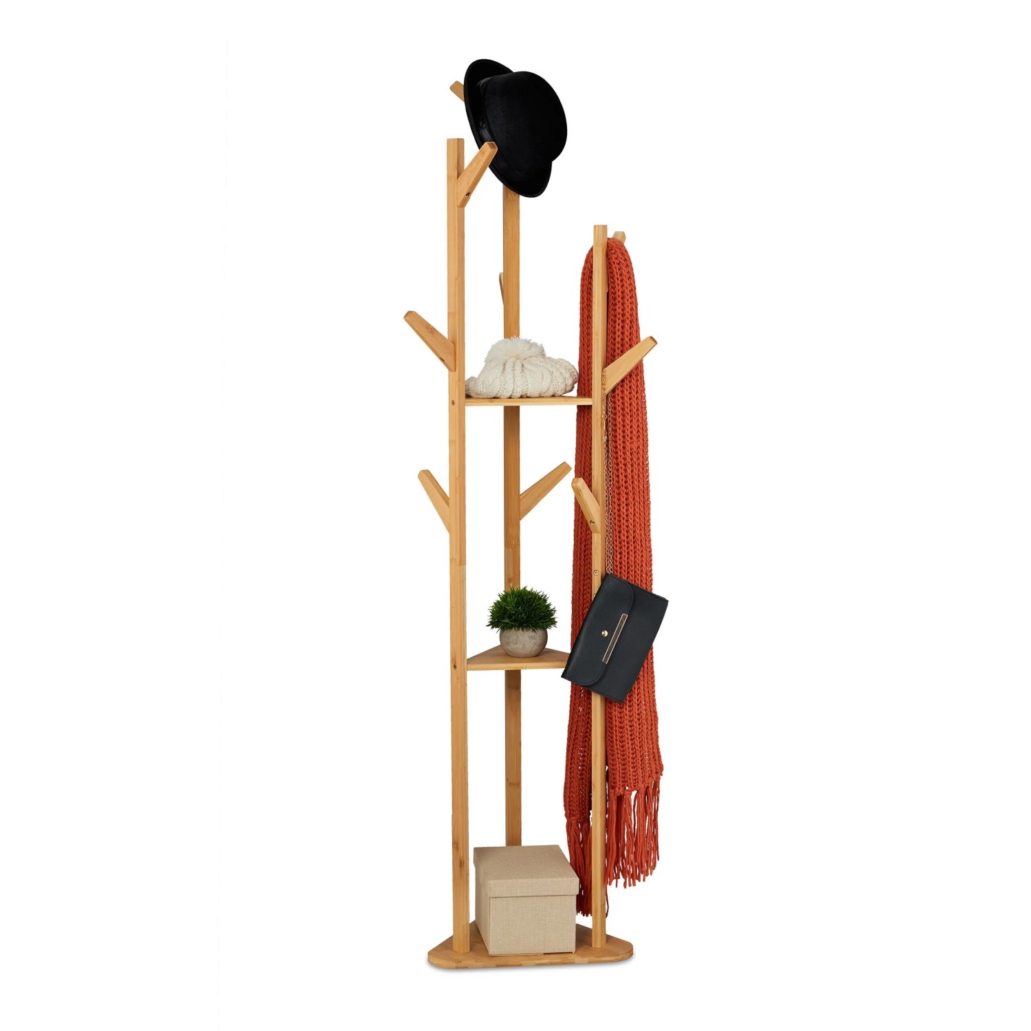 Relaxdays Garderobenständer Bambus Natur Dreieckig Freistehend 9 Haken 168,5 cm x 47 cm x 47 cm 3,9 kg