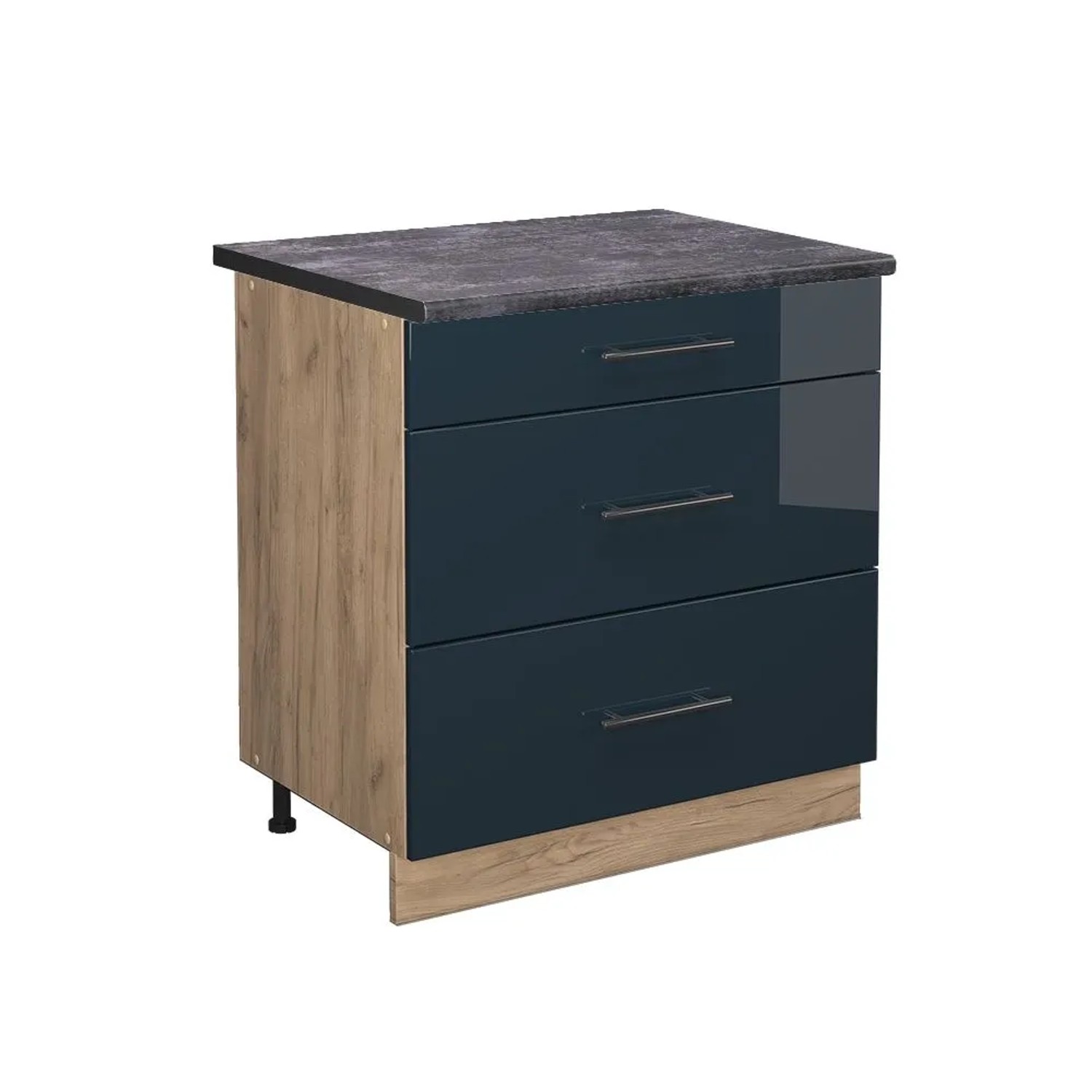 Vicco Küchenunterschrank Fame-Line DunkelBlau Hochglanz Goldkraft Eiche 80 cm mit 3 Schubladen AP Anthrazit
