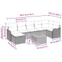 vidaXL Gartenmöbel-Set, 8-teilig, grau, Poly Rattan, mit Kissen und Stauraum. Abmessungen sichtbar.
