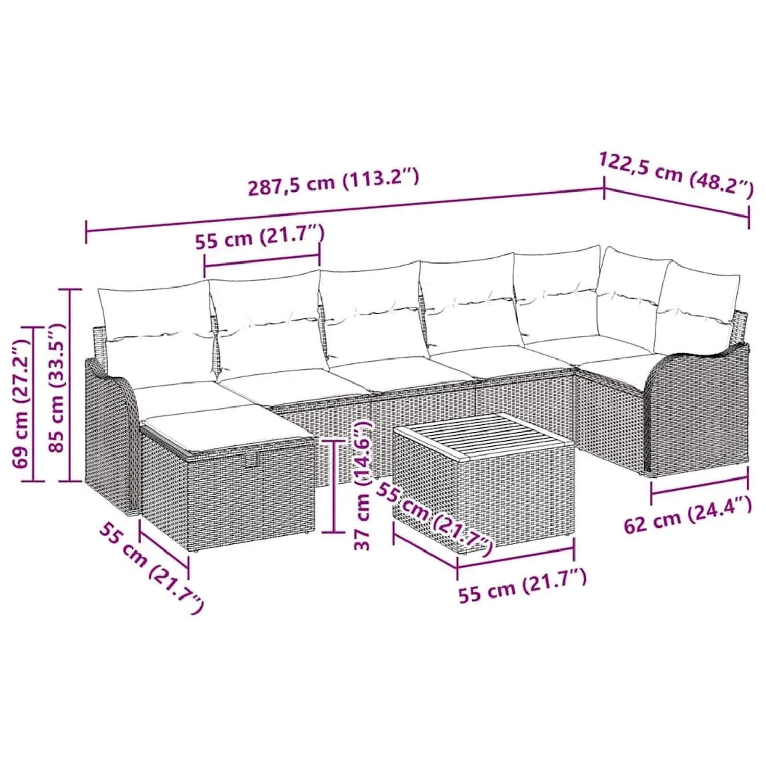 vidaXL Gartenmöbel-Set, 8-teilig, grau, Poly Rattan, mit Kissen und Stauraum. Abmessungen sichtbar.