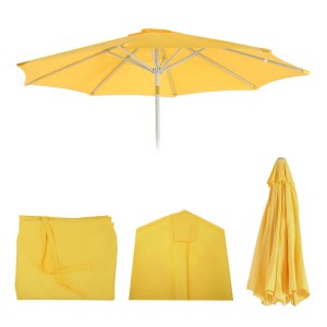 Gelber 3m Sonnenschirm Ersatz-Bezug mit Luftzirkulationshaube, UV-Schutz 50, wasserabweisend, offen und gefaltet.