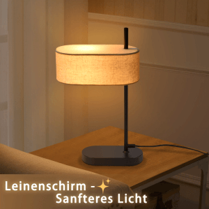 NETTLIFE Nachttischlampe Vintage mit schwarzem Metallfuß und ovalem Leinenschirm, spendet warmes, sanftes Licht.