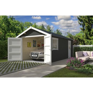 Grau-grüne Lasita Garage Dillon mit geöffneten Türen und Auto. Einzelgarage aus Fichte mit Fenster und Seiteneingang.