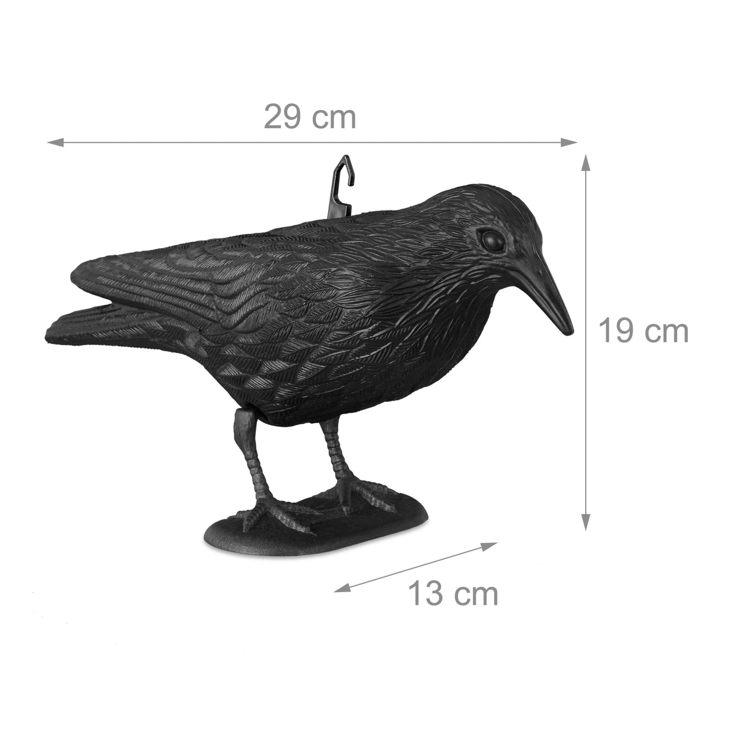 Realistische schwarze Krähenattrappe aus Kunststoff als Vogelschreck für Garten & Balkon. Teil eines 3er Sets.