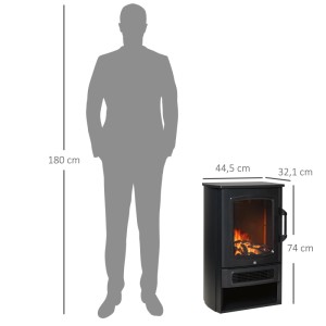 Schwarzer HOMCOM Elektrokamin mit Flammeneffekt, Maße 44,5x32,1x74 cm. Kaminofen-Design, neben Person zur Größenansicht.