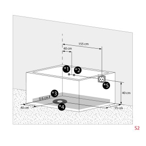 Skizze der AquaVapore Whirlpool Badewanne 180x135cm mit Maßangaben zu Anschlüssen.
