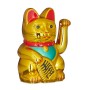 Goldene Maneki Neko Winkekatze aus Kunststoff, 16 cm, winkt mit linker Pfote, hält Koban-Münze. Batteriebetrieben.