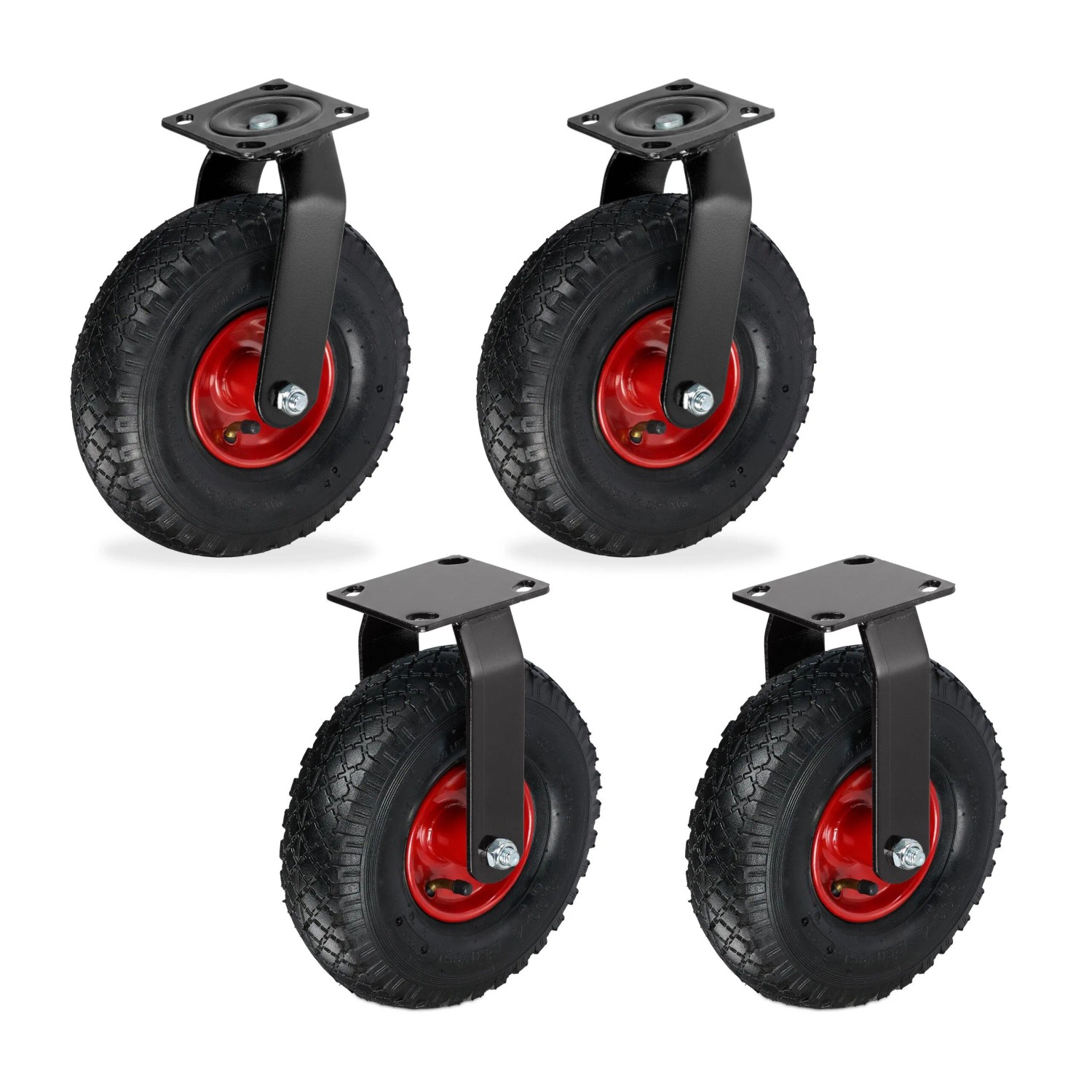 Relaxdays Bockrollen und Lenkrollen Set Verzinkter Stahl Gummi Schwarz Rot Schwerlast 26 cm x 8,5 cm 120 kg