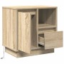 Moderner Nachttisch Sonoma Eiche aus Holzwerkstoff. Offene Schublade, Fächer, Tür. Mit integrierter LED-Beleuchtung.