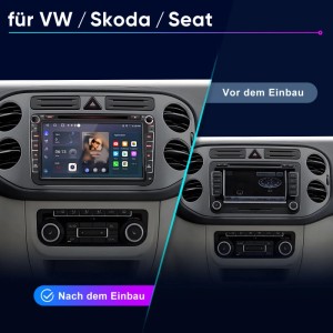 Junsun Autoradio für VW Golf 5/6: Vorher/Nachher-Vergleich des Einbaus im Armaturenbrett.