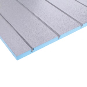 Belvit XPS 500 Fußbodenheizungsplatte, 120x60x2,5 cm, für Trockenbau. Graue Platte mit blauer Kante.