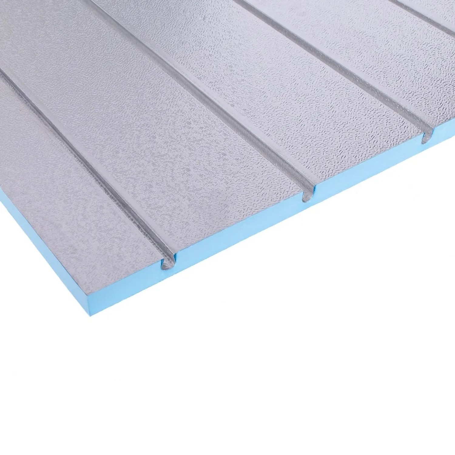 Belvit XPS 500 Fußbodenheizungsplatte, 120x60x2,5 cm, für Trockenbau. Graue Platte mit blauer Kante.