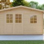 Gartenhaus Schweden 18 aus Holz mit Doppeltür und Fenster im Garten.