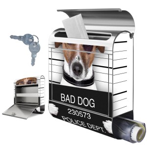 Edelstahl Briefkasten mit Jack Russel Motiv und Zeitungsfach. Rostfreier Wandbriefkasten.