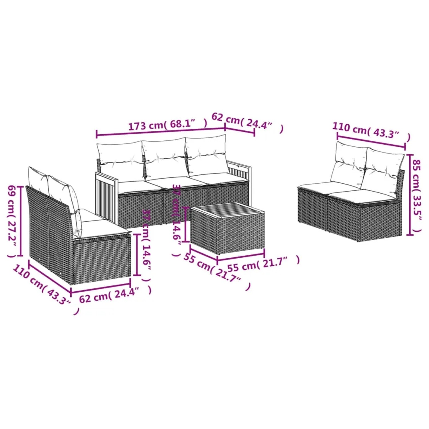 Beige 8-teilige Garten-Sofagarnitur aus Poly Rattan mit Kissen. Gartenmöbel für Terrasse und Garten.