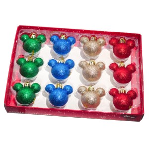 Disney Weihnachtskugeln mit Mickey-Öhrchen, 12 Stück in Grün, Blau, Silber und Rot.