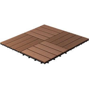 Quadrat aus hellbraunen Home Deluxe WPC Klickfliesen (6 m²) mit Holzoptik.