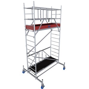 Krause Alu-Fahrgerüst ProTec XS mit roter Ablage und Rollen, Arbeitshöhe 4,8 m.