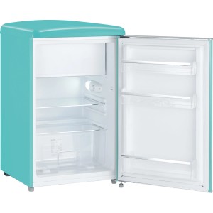 Offener, türkiser Severin Tischkühlschrank im Retro-Design mit Innenraum und Ablagen.