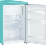 Offener, türkiser Severin Tischkühlschrank im Retro-Design mit Innenraum und Ablagen.