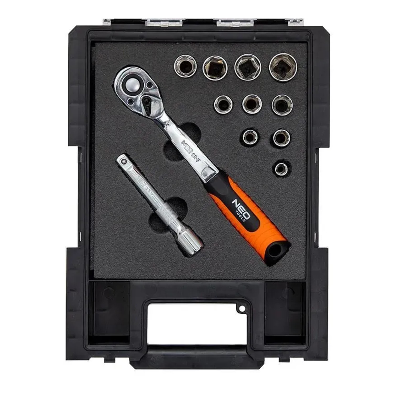 PROREGAL QBRICK Sortimentskasten mit Knarre, Verlängerung und Nüssen im Werkzeugkoffer.