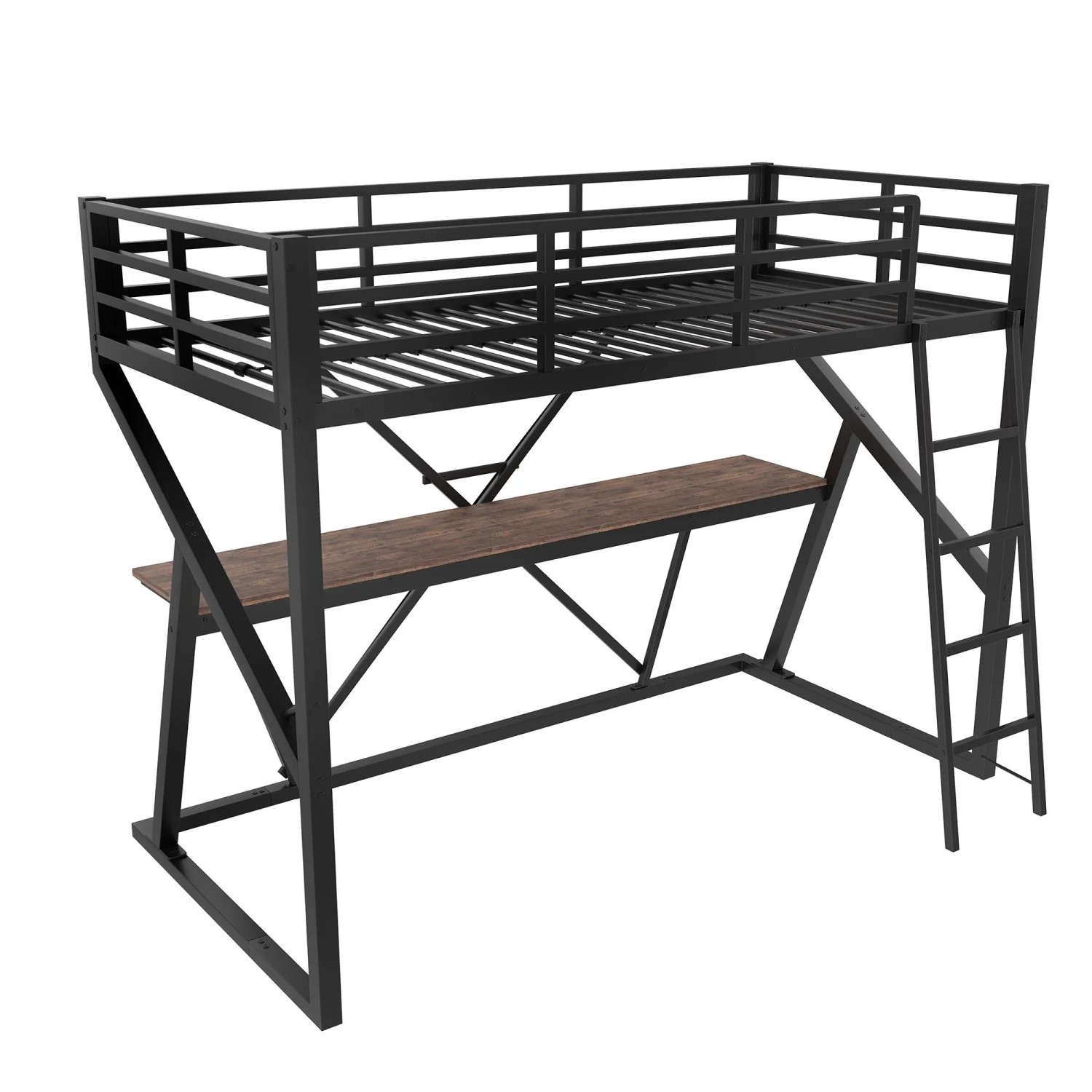 okwish Metall Hochbett 90x200cm mit Schreibtisch Treppe und LED Schwarz ohne Matratze