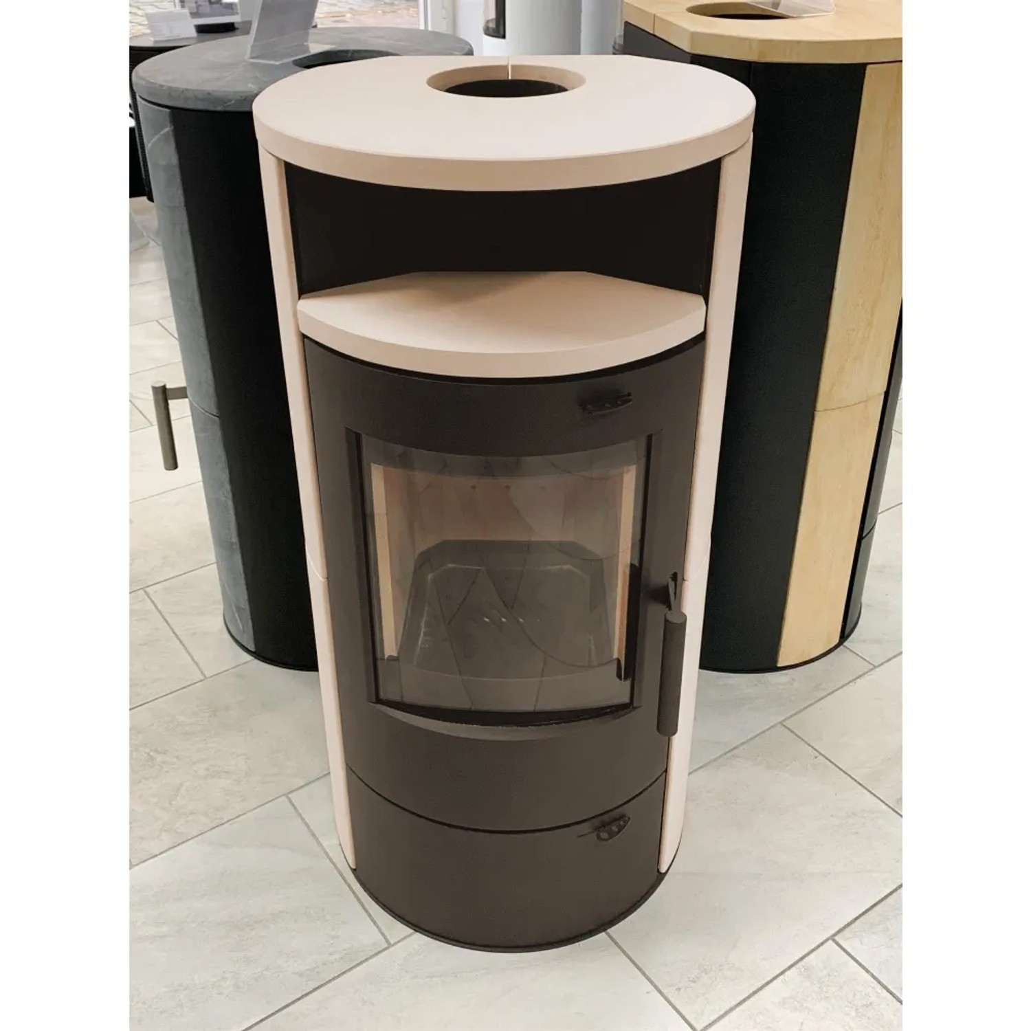 Thermia Holzkamin München V3, braun/speckstein/weiß, beschichtet. Kaminofen mit Sichtfenster.