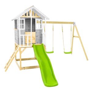 Zwerkules Spielhaus Valli mit Rutsche und Schaukel, grau, aus FSC®-zertifiziertem Holz.