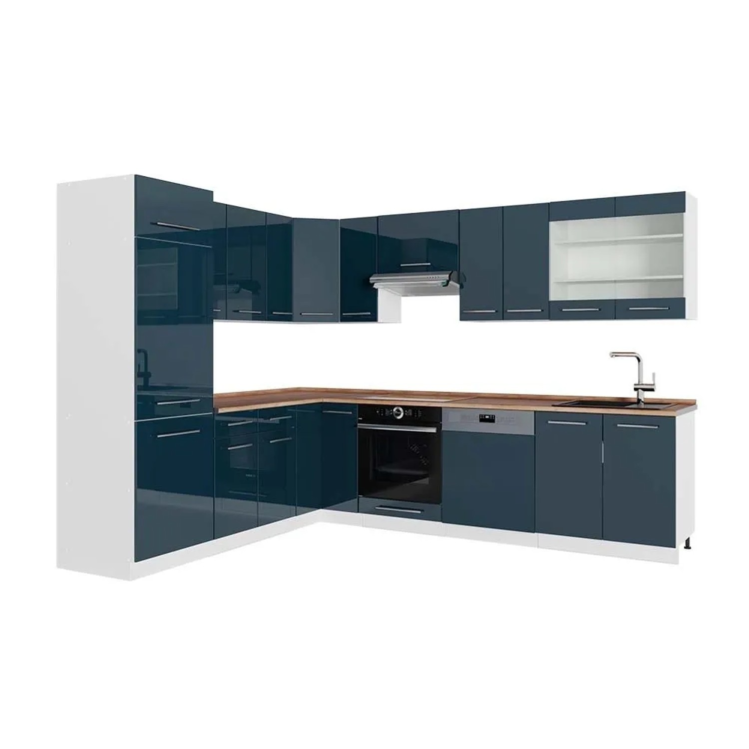 Vicco Eckküche Fame-Line Dunkelblau Hochglanz/Weiß 287 x 82, AP Eiche