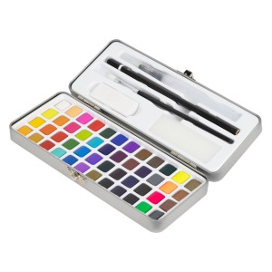 ECD Germany Aquarellfarben Set mit 48 Farben, Pinsel und Zubehör in Metallbox.