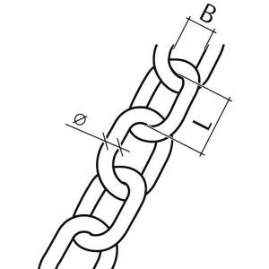 Abbildung einer Messingfarbenen Conacord Schweißkette aus Stahl, Form A, mit Maßangaben.