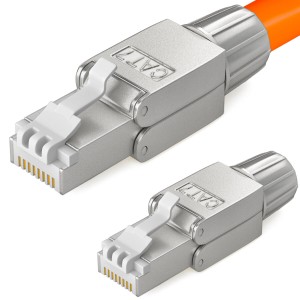 Zwei CAT7 RJ45 Netzwerkstecker aus Zinklegierung für LAN-Kabel.