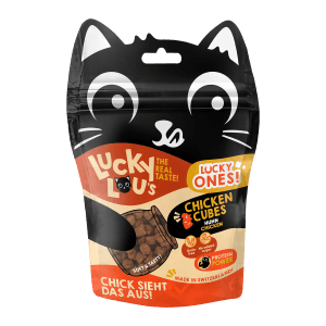 Lucky Lou Katzen-Trockenfutter Huhn, leckere Cubes im Katzenkopf-Beutel. Ideal als Snack.