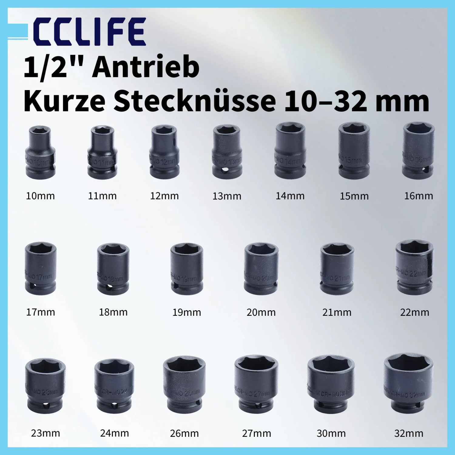 CCLIFE 1/2 Zoll Schlagschrauber Stecknüsse, kurz, 10-32mm, schwarz, aus robustem Chrom-Molybdän-Stahl für Werkstatt.